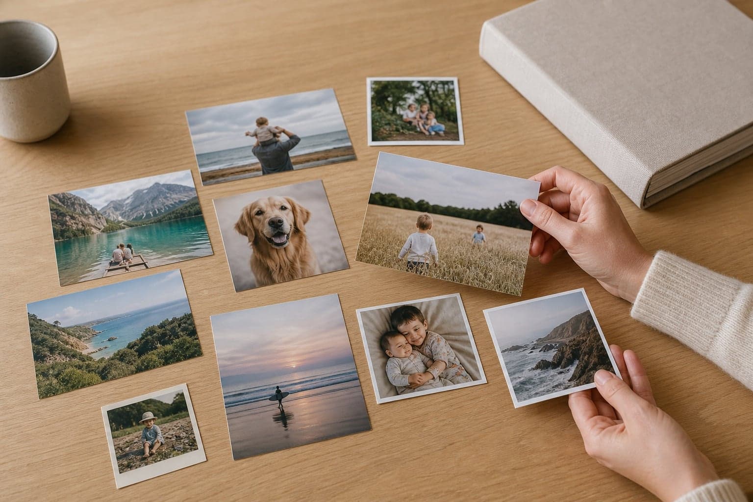 A collection of finished photo prints arranged on a table