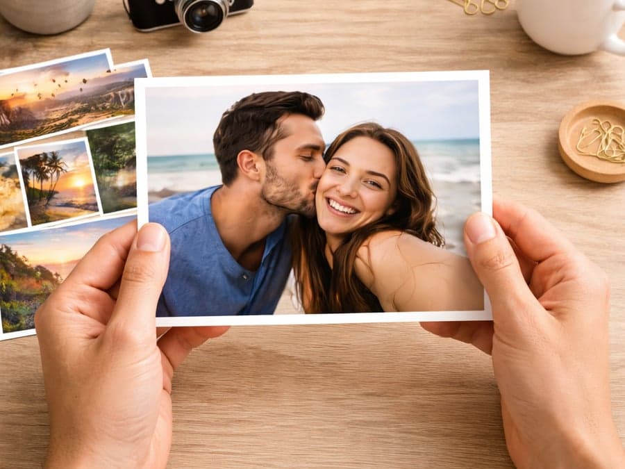 A finished photo print held above a table of photographs