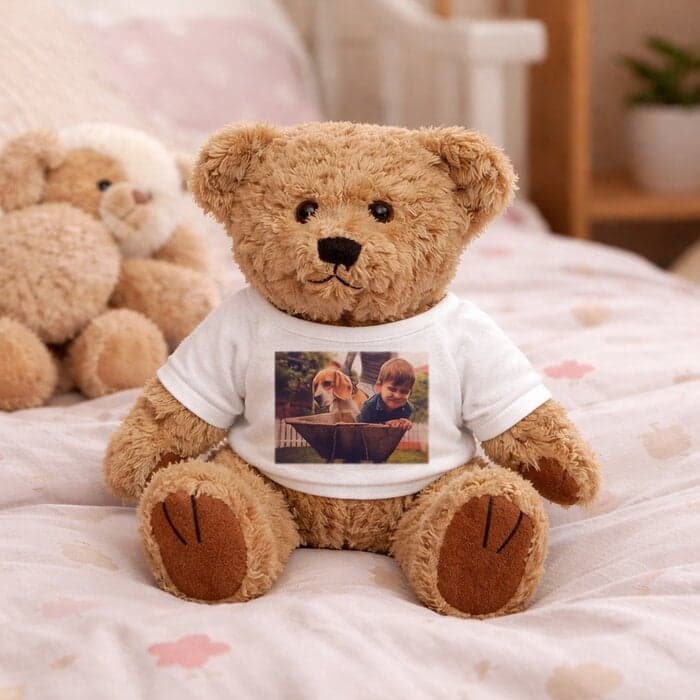 A soft teddy bear personalised with your photo.