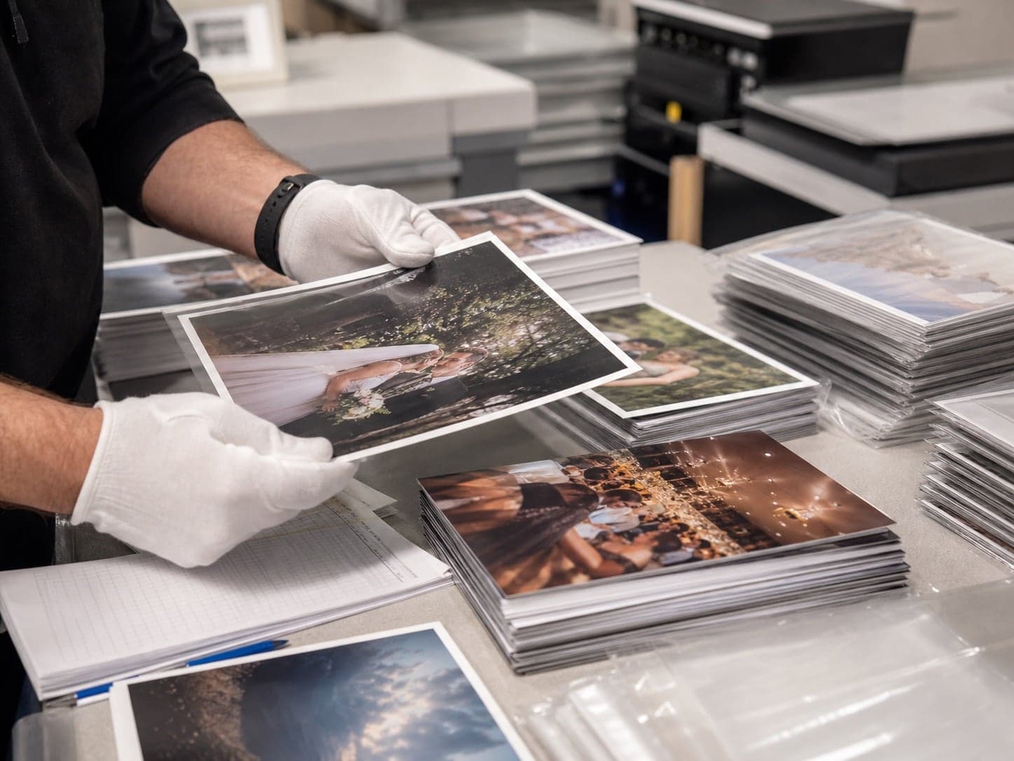 A lab technician checking and grouping a large order of finished photo prints